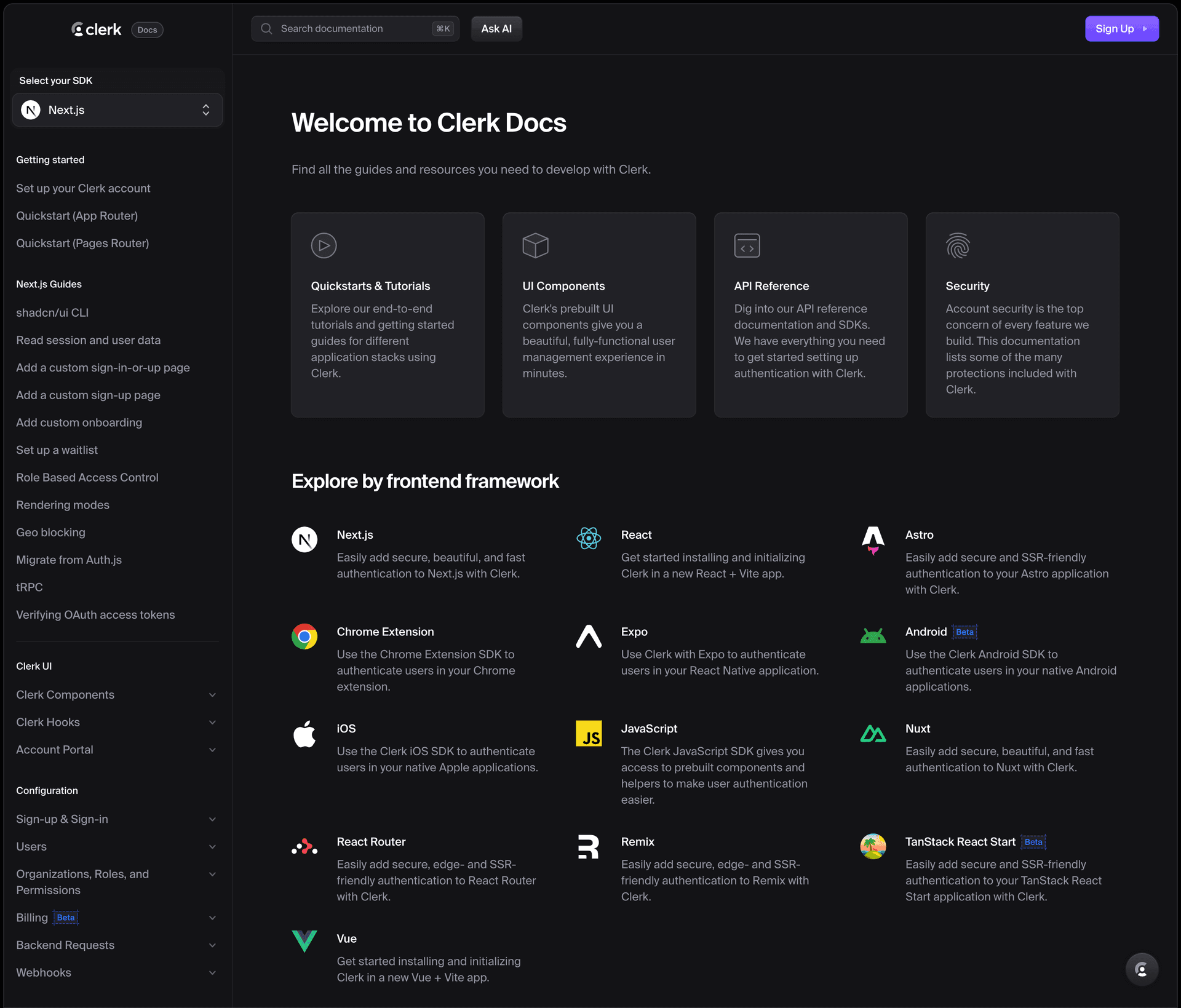 Clerk.com/docs homepage